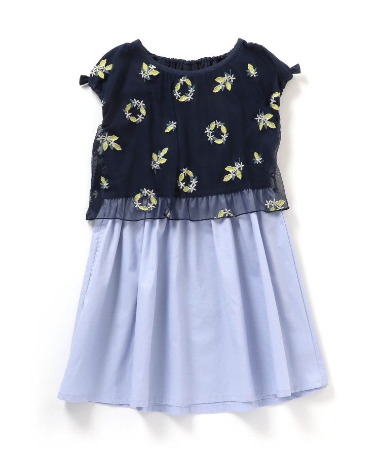 日本 apres les cours - 可愛檸檬刺繡分層短袖洋裝-海軍藍