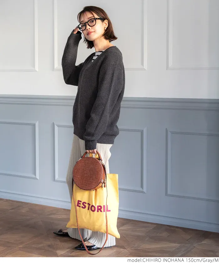 日本 COCA - 文藝V領羅紋針織毛衣-芥黃