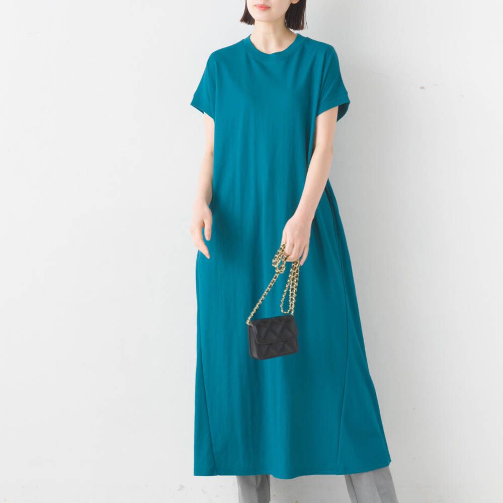 接觸涼感 嫘縈圓領傘狀短袖洋裝-湖水綠