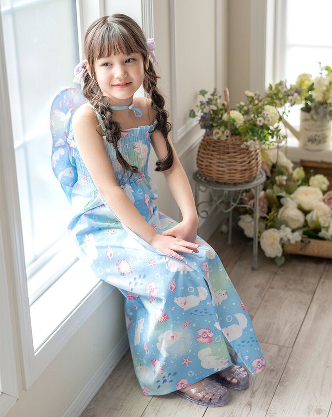 日本 Catherine Cottage - 夢幻2way純棉兵兒帶浴衣(可當洋裝)-小花與貓-藍白