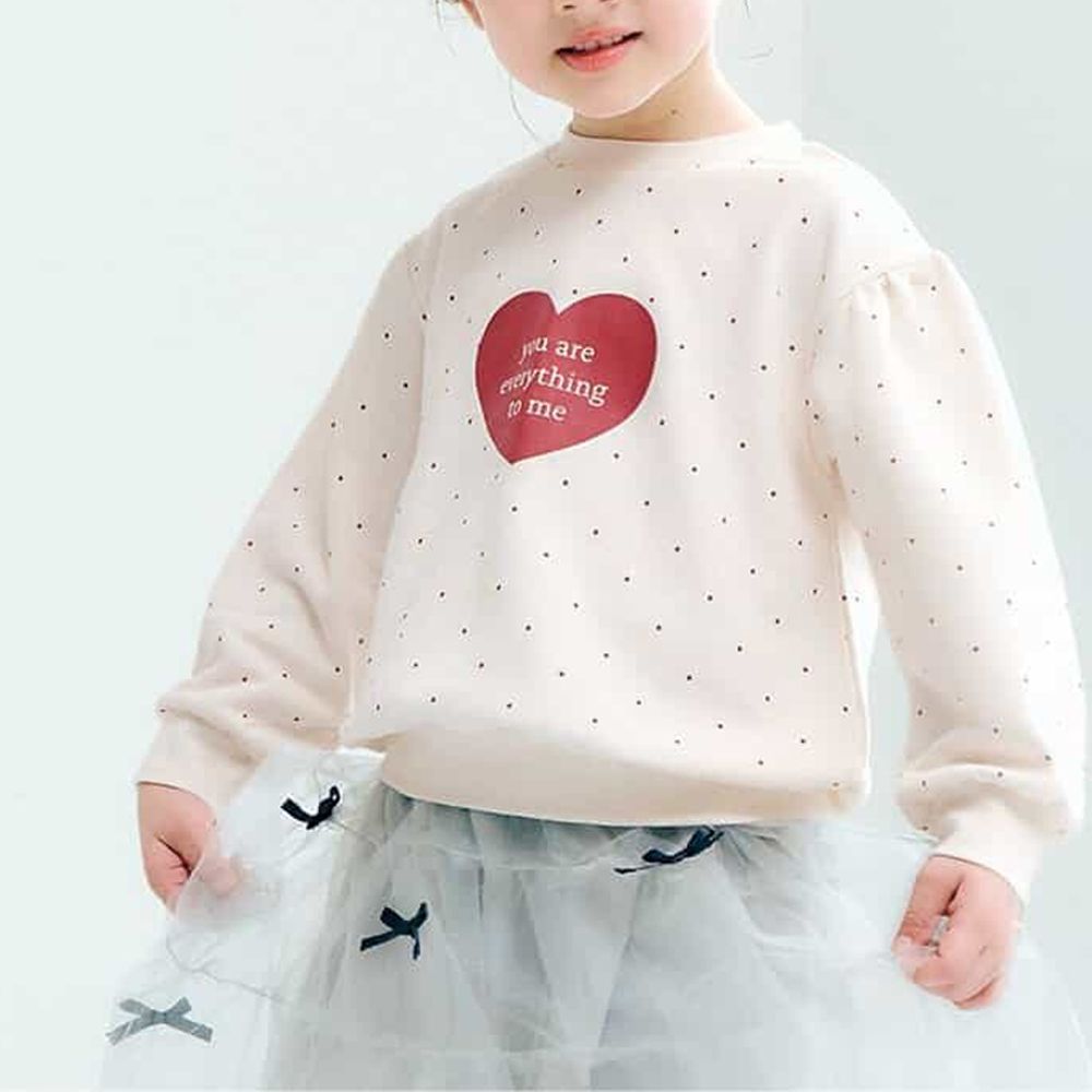 女孩印花落肩縮口長袖上衣-愛心-象牙白