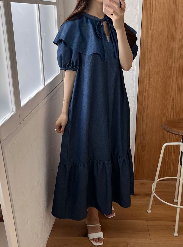 日本 GRL - 文藝少女荷葉領綁帶短袖洋裝-丹寧藍 (F)