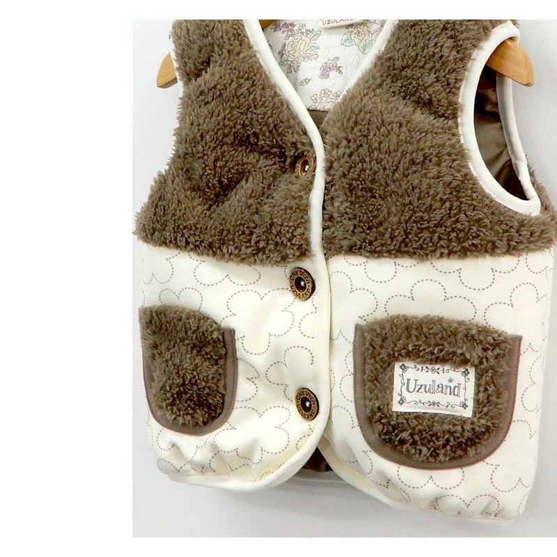 日本 ZOOLAND - 拼接保暖鋪棉背心-線條小花-褐X米