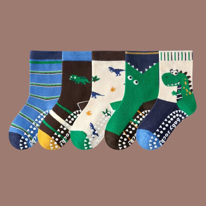 叢林小恐龍防滑點膠中筒棉襪
