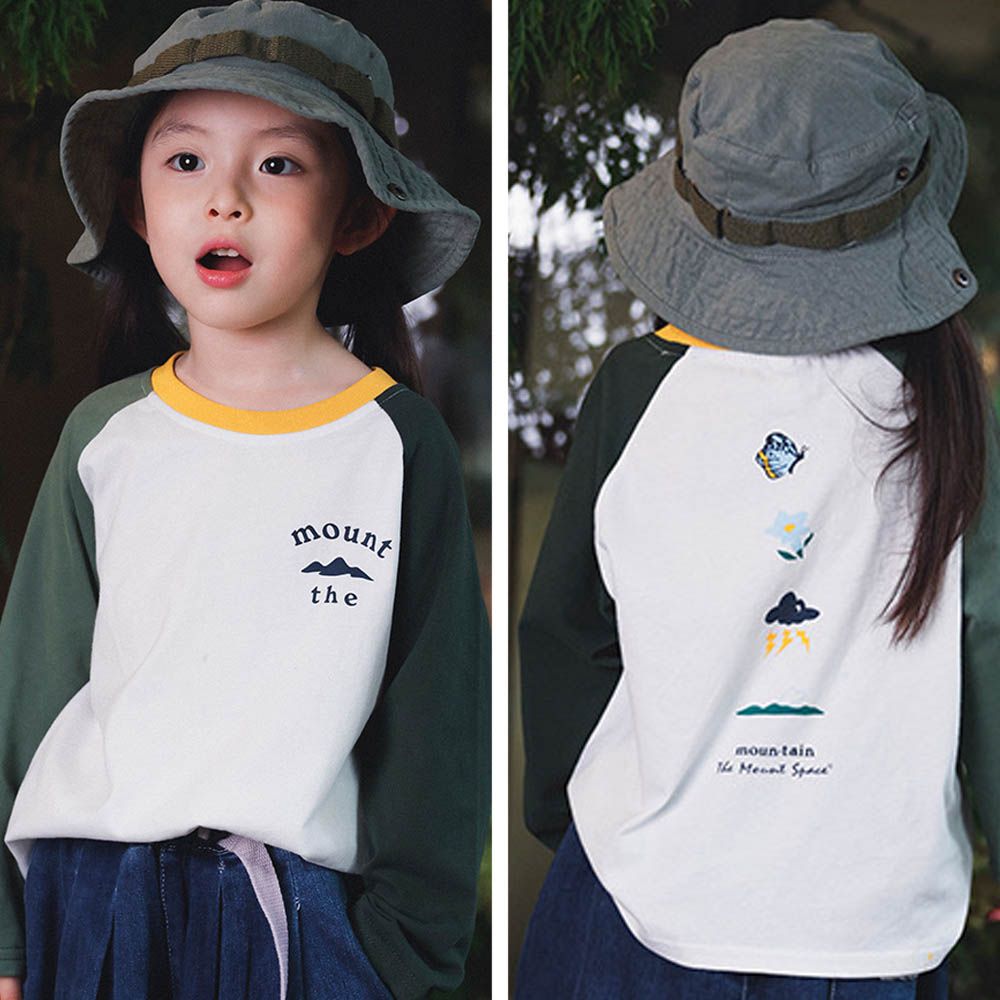 純棉圓領長袖上衣-蝴蝶花卉-拼色米白