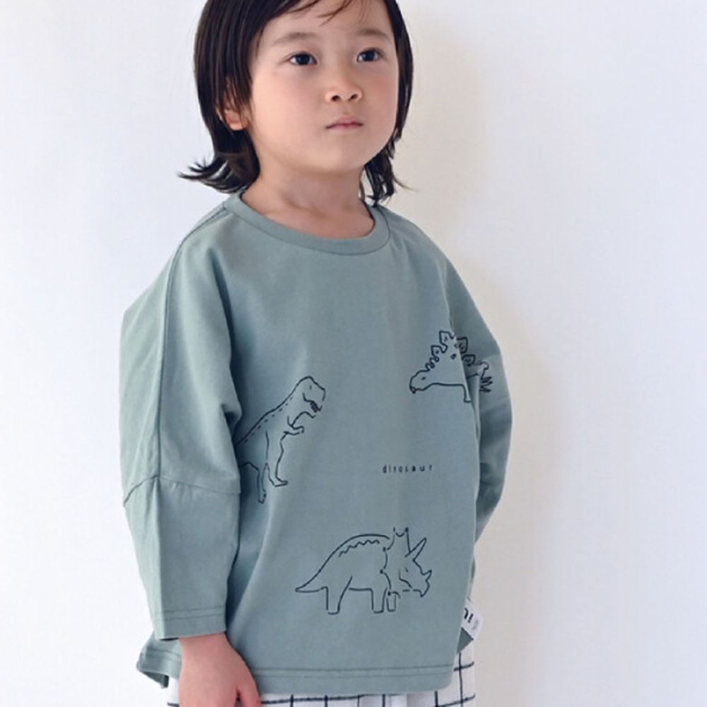 日本 Baby Room - 純棉印花八分袖上衣-恐龍-綠