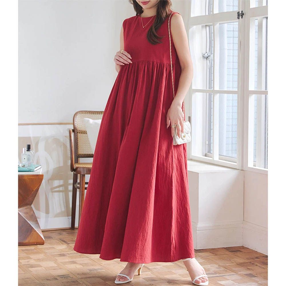 純棉清爽感2way領短袖洋裝(可選長度)-紅