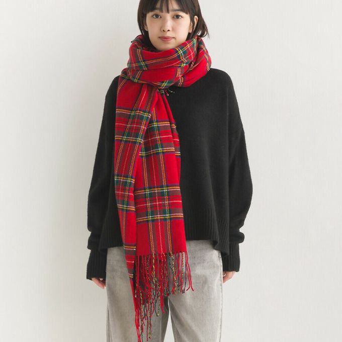 日本 OMNES - 羊毛混紡經典格紋圍巾披肩-A(紅x白)