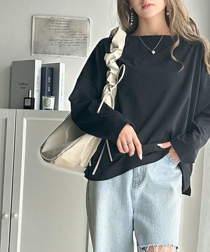 日本 Classical Elf - 一字領寬鬆落肩長袖T恤-炭灰