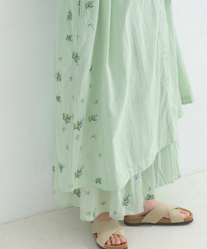 日本 Lupilien - 100%印度棉 優美植物側邊刺繡無袖洋裝-薄荷