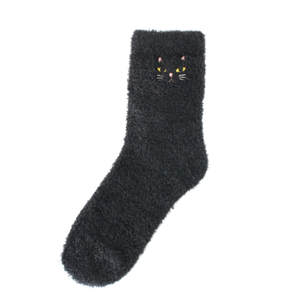日本 TOMO - 可愛動物刺繡毛絨保暖襪-黑貓-黑 (22-25cm)