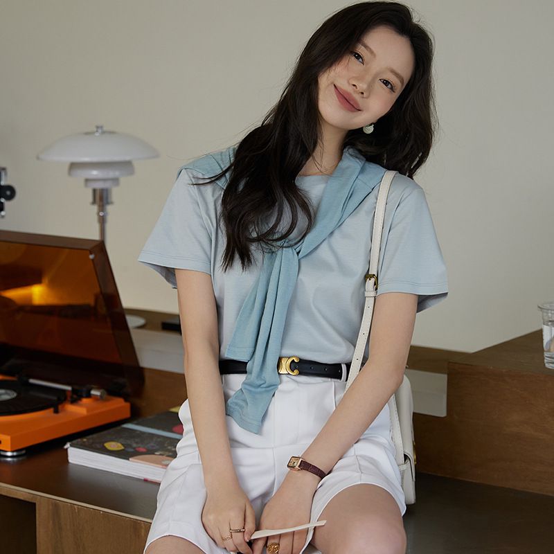 糖果色絲光棉圓領短袖上衣-白色