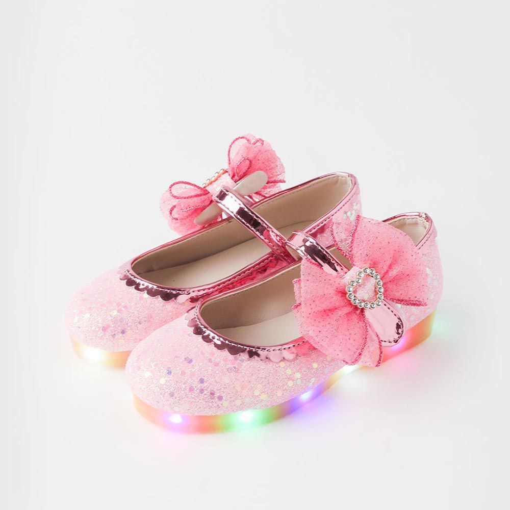 韓國 OZKIZ - (LED)網紗蝶結裝飾亮片皮鞋-粉
