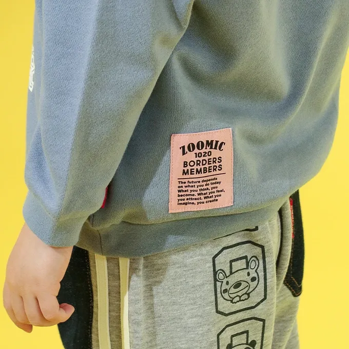 日本 ZOOLAND - 丹寧風小熊裏毛長袖上衣-縫線小熊臉-卡其