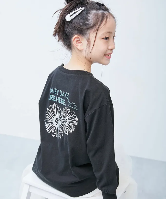 日本 devirock - 100%棉 閃亮金屬印花長袖上衣-雛菊-黑