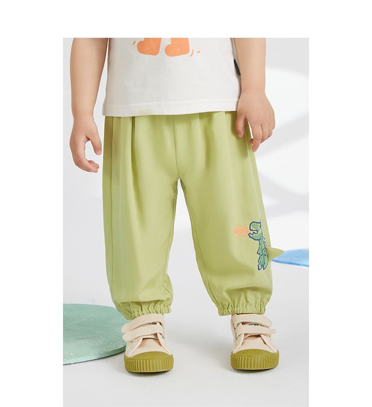 天絲棉腰鬆緊休閒防蚊褲/長褲-怒吼小恐龍-綠色