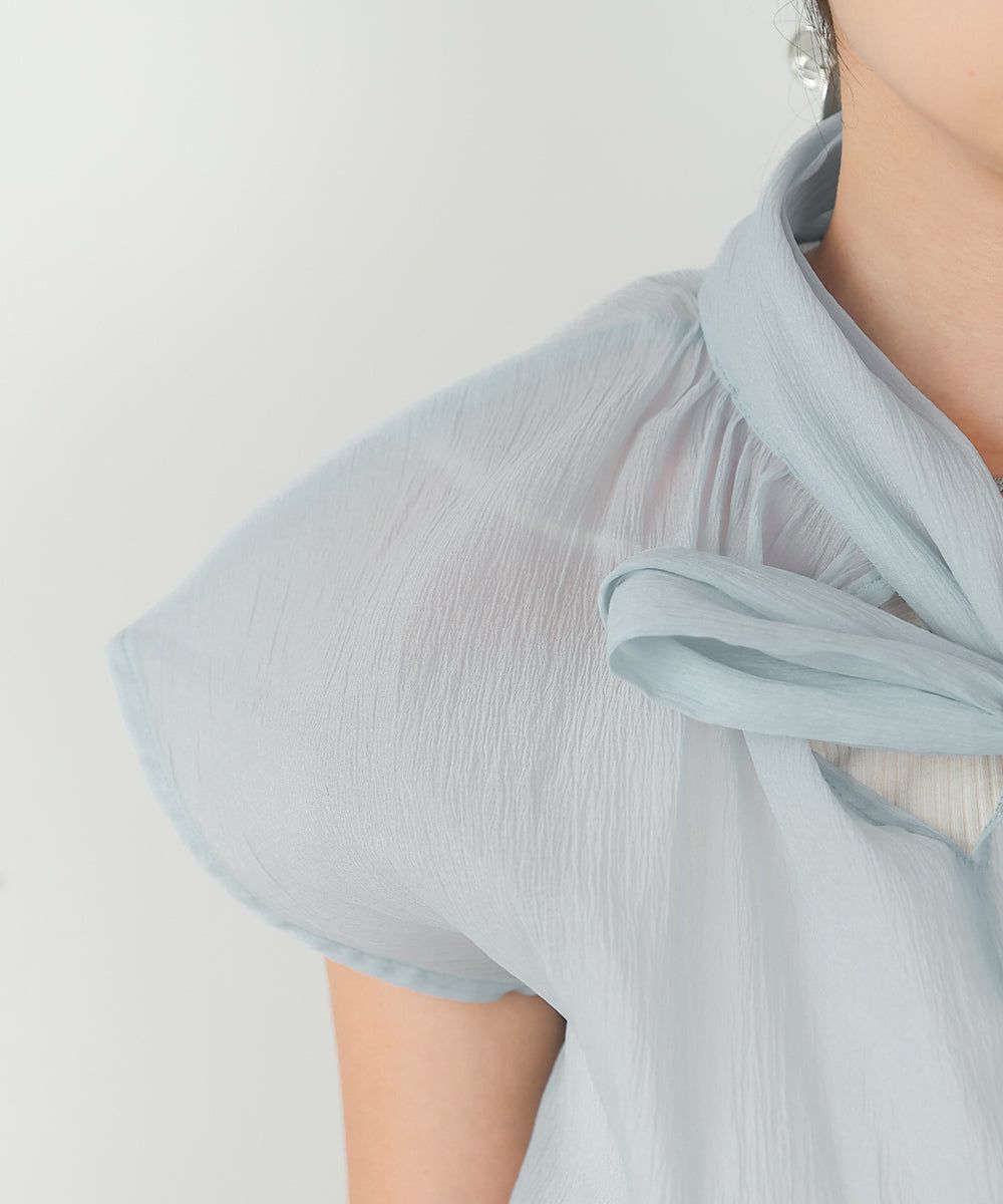 日本 Bab - 歐根紗紐結法式袖上衣-白