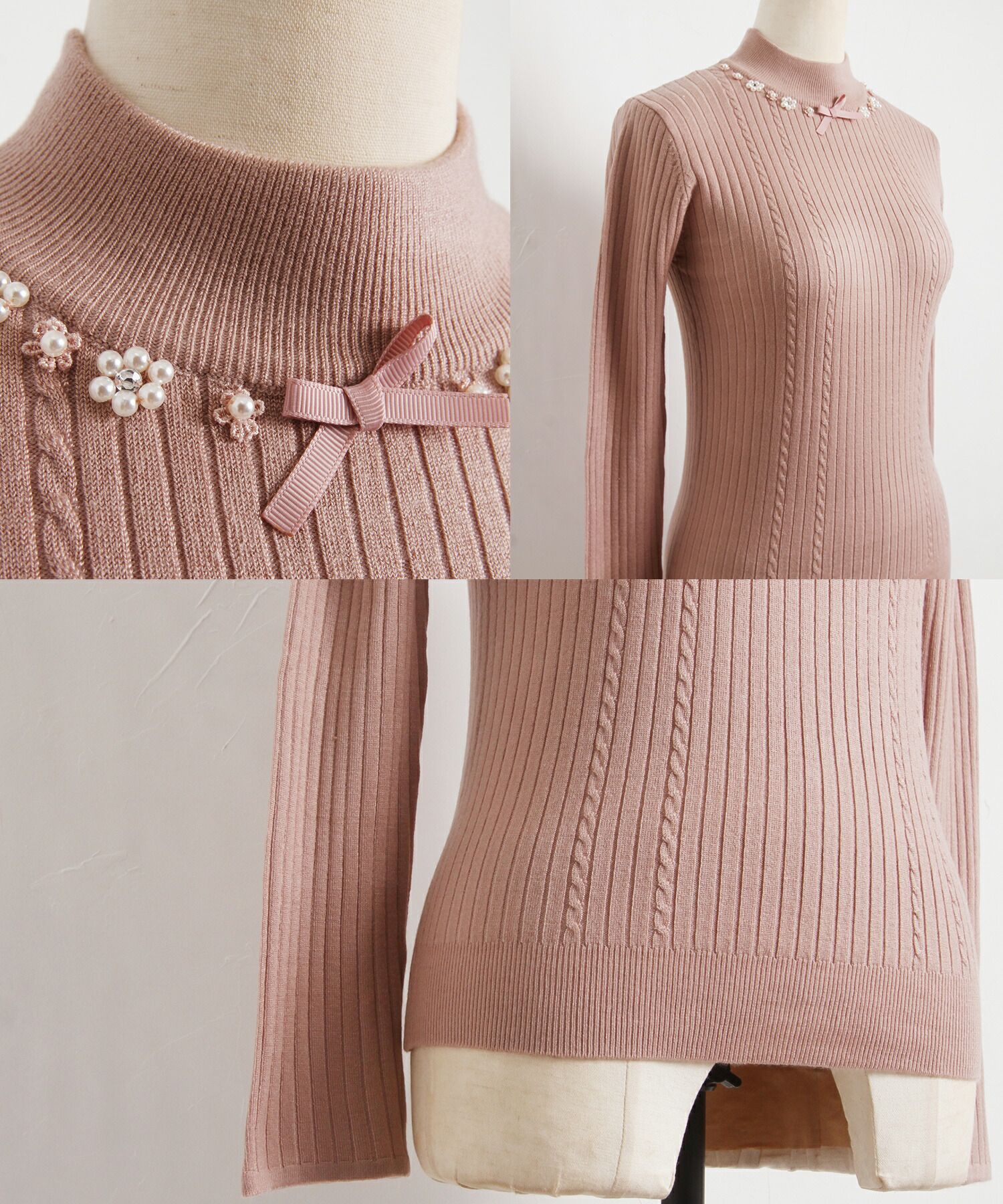 日本 tocco-closet - 氣質珍珠花朵針織上衣-奶油杏