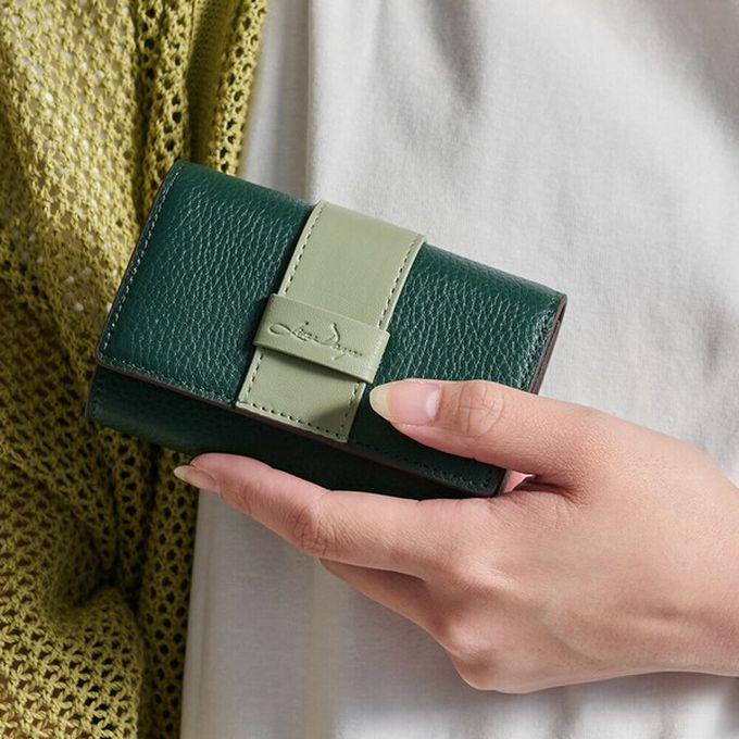 日本 LIZDAYS - 真皮迷你三折配色風琴短夾-藍x淺灰