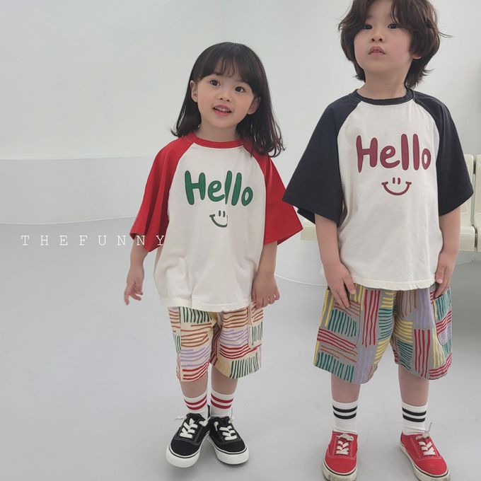 韓國 The Funny - Hello微笑印短袖上衣-米白X紅