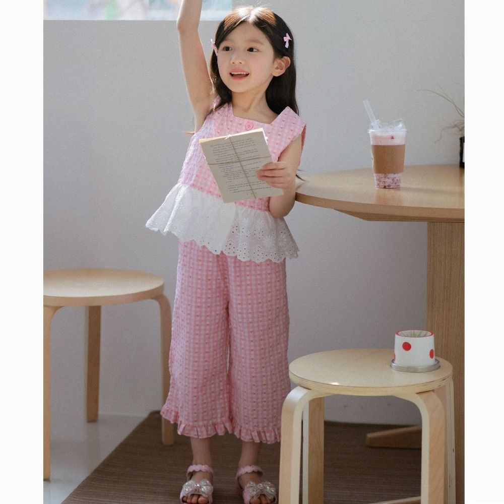 夏日愛心格紋背心X直筒寬褲套裝-粉