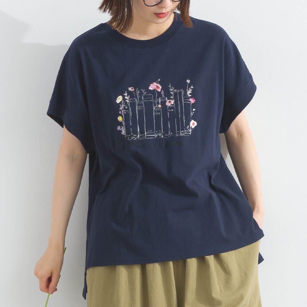 純棉知性印花法式袖T恤-海軍藍