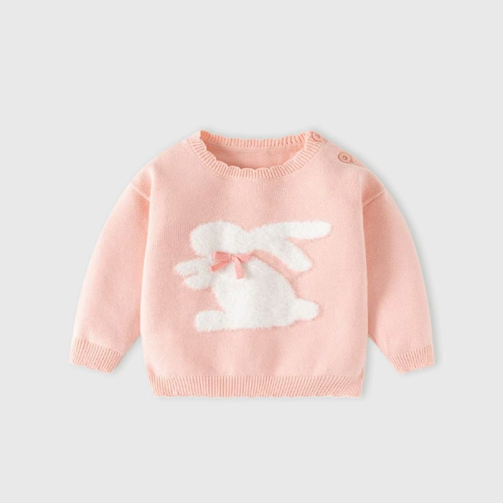 棉質圓領針織長袖上衣-蝴蝶結白兔-粉色