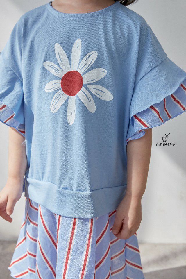 韓國 kikimora - 假兩件條紋花朵洋裝-藍