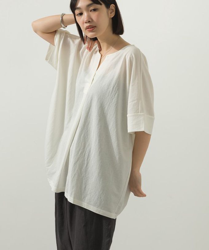 日本 Sans Souci 34+ - 接觸涼感 鑰匙領五分袖上衣-奶油米