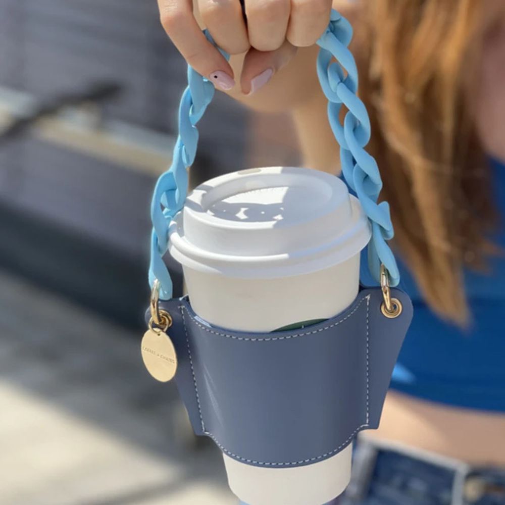 時尚手鏈咖啡皮質杯套-藍色鏈條+藍色杯套