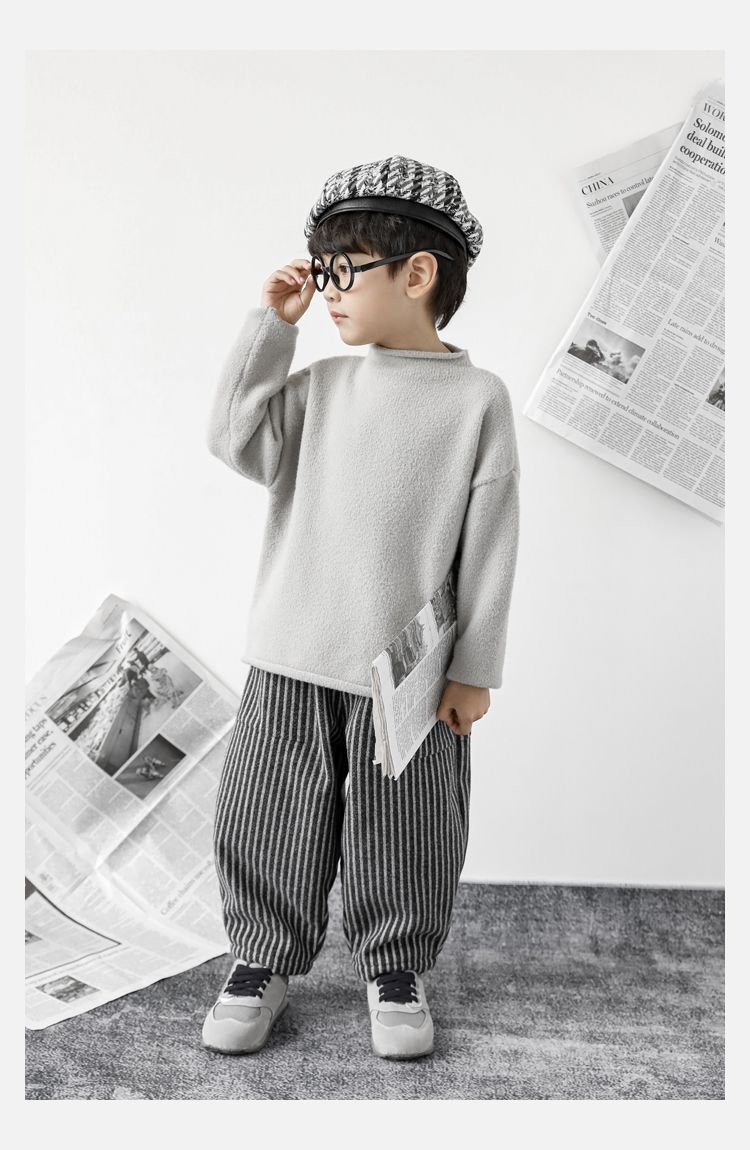 TONGMO - (加絨)小紳士腰鬆緊休閒條紋寬褲-黑+灰