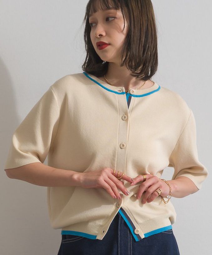 日本 ELENCARE DUE - 法式質感配色五分袖針織開襟衫-淺灰x黃