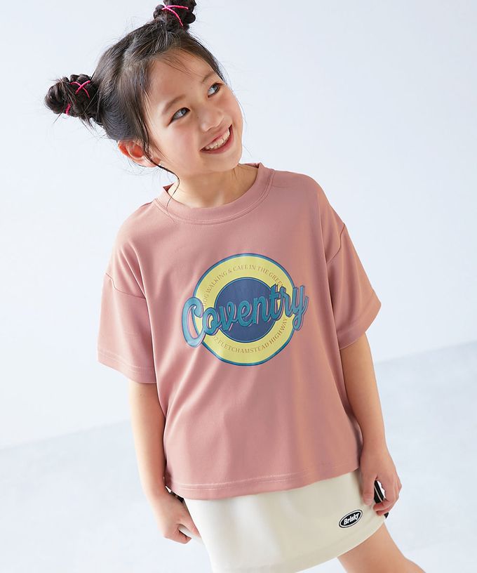 日本 devirock - 速乾網眼 女孩印花短袖上衣-圓圈logo-煙燻粉