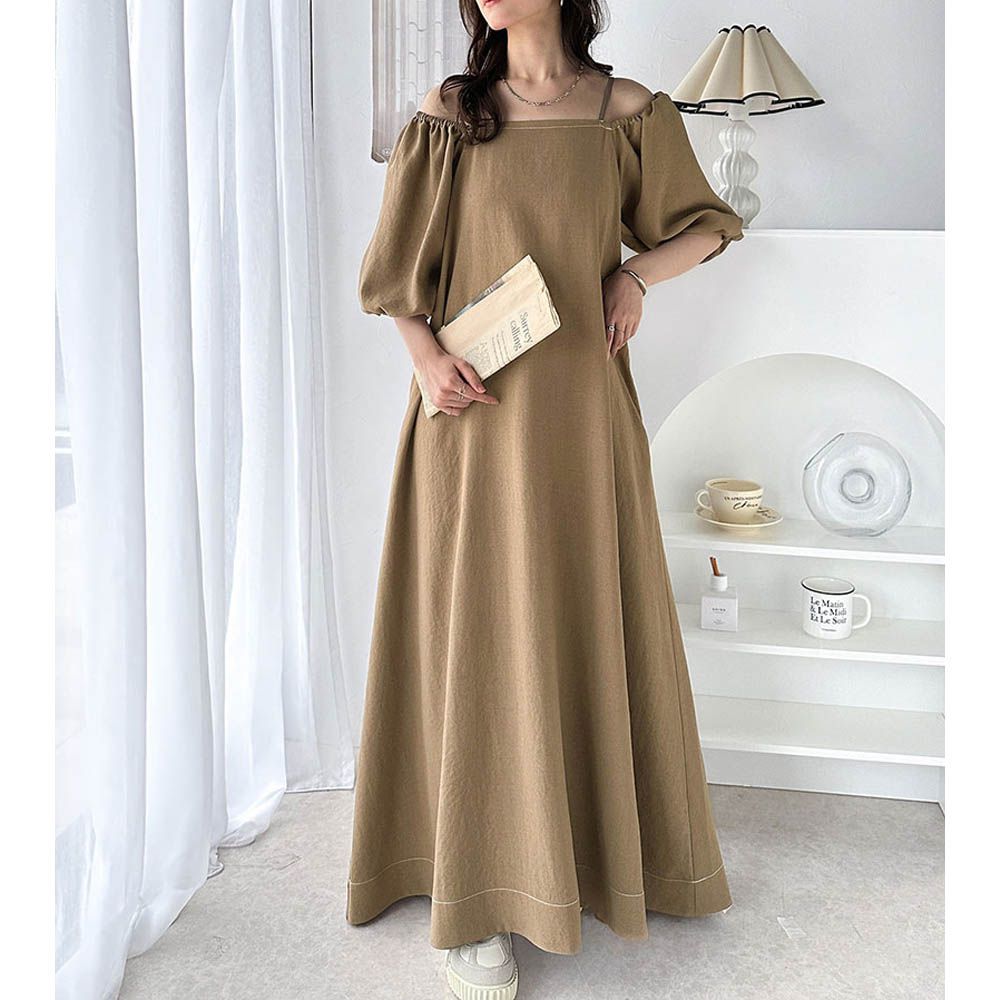 典雅2way露肩腰綁帶泡泡袖洋裝-摩卡棕