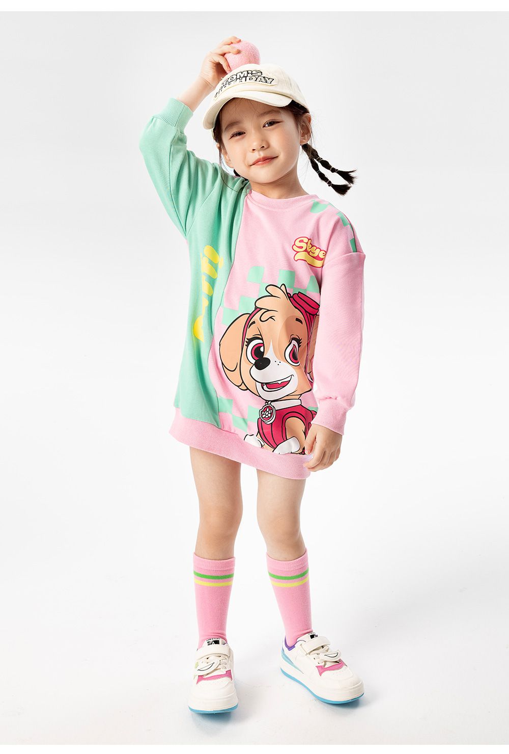 卡通汪汪隊圓領長版大學T-卡通人物天天-綠+粉