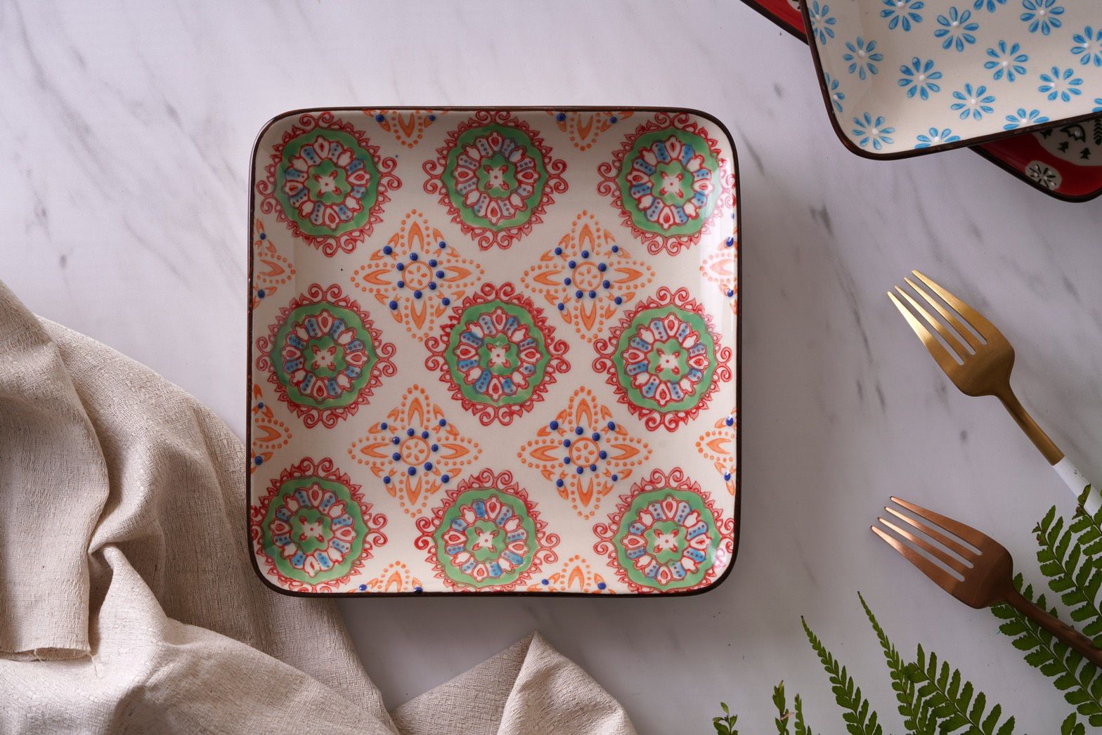 法國 Chehoma - 點繪圖騰-四方盤 (長度18.5cmx寬度18.5cm)-4入