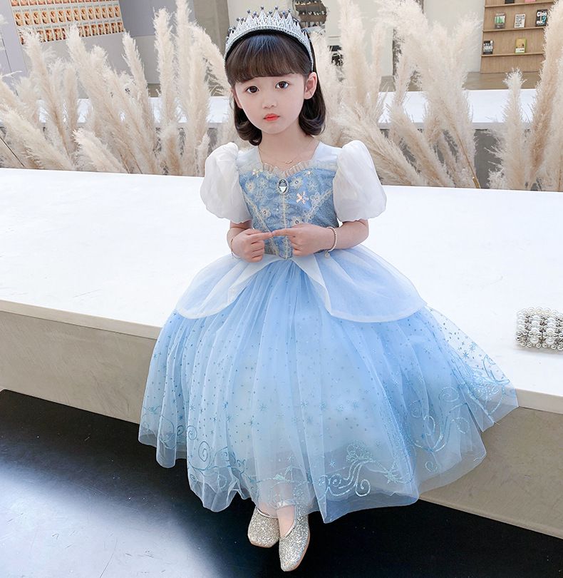 灰姑娘公主袖網紗洋裝-溫柔藍