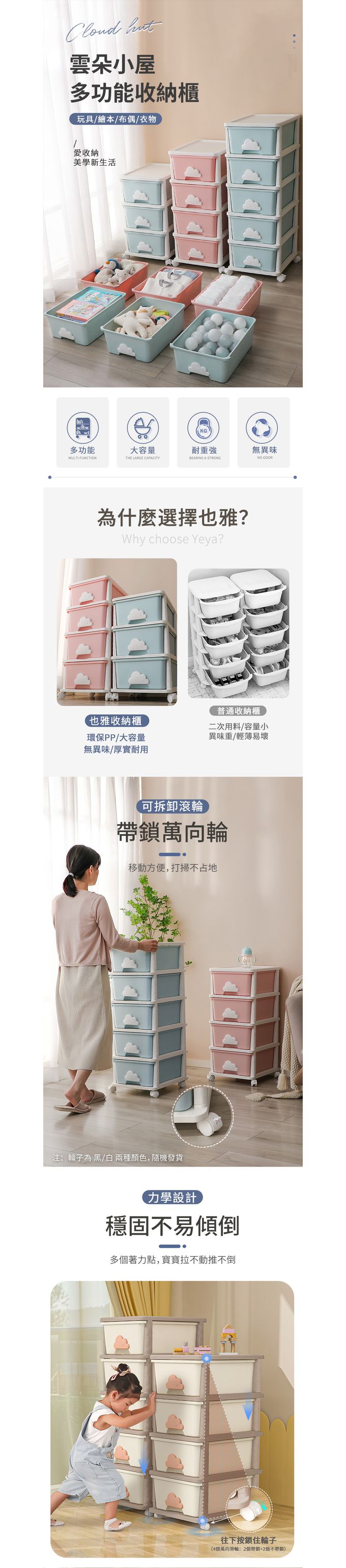 Yeya也雅 - 雲朵小屋多功能三層收納櫃(附輪)-DIY-多色可選-北歐白