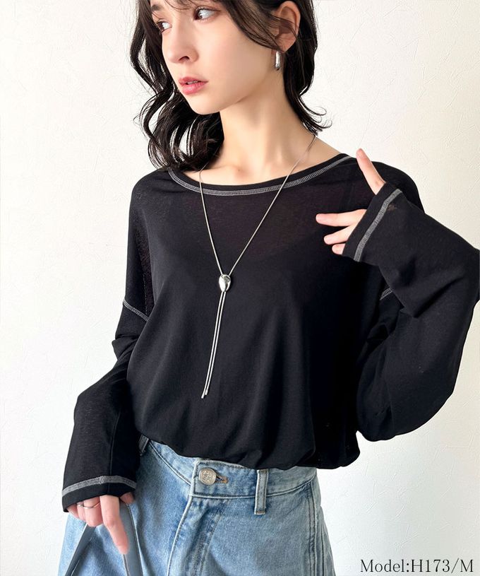 日本 Classical Elf - 透膚感配色線條薄長袖上衣-膚