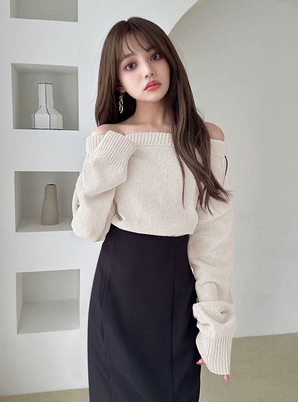 日本 GRL - 甜美一字領針織毛衣-春櫻粉 (F)