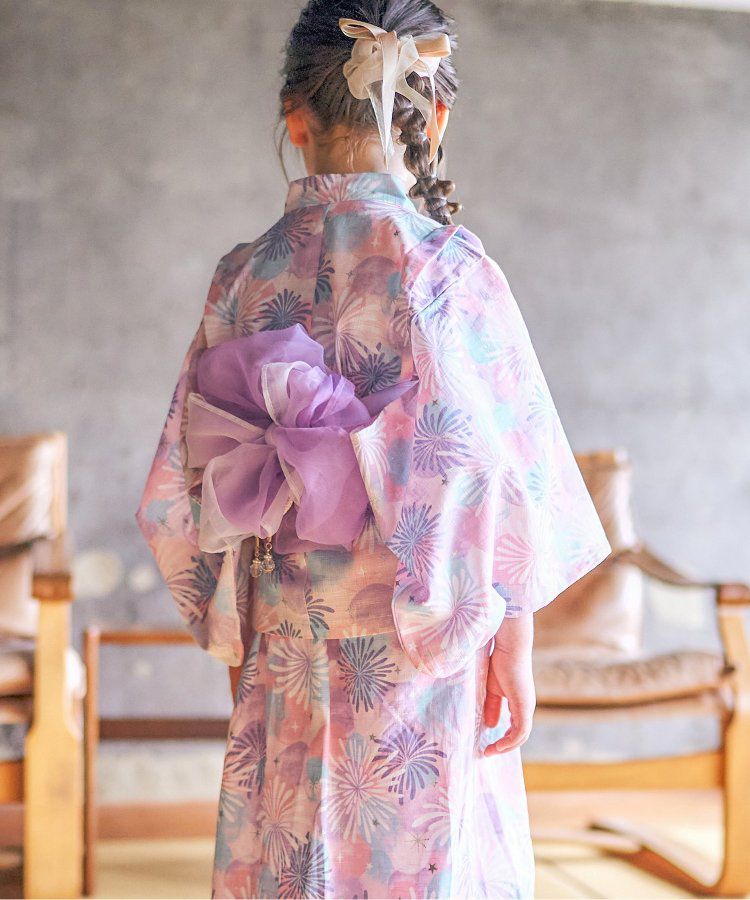 日本 apres les cours - 華麗腰帶風純棉二件式浴衣-椿花-紅藍條紋