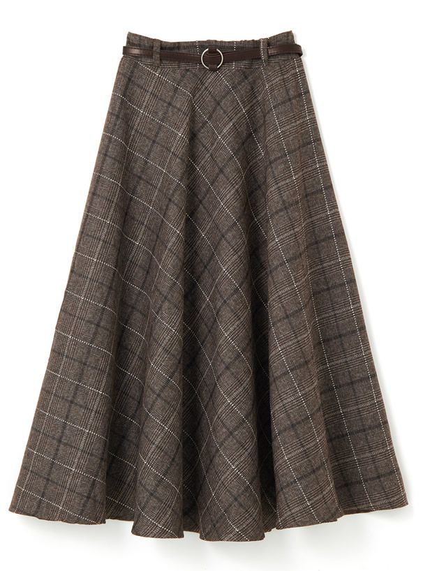 日本 GRL - 學院風格紋顯瘦傘裙/長裙(附皮帶)-深灰 (M)