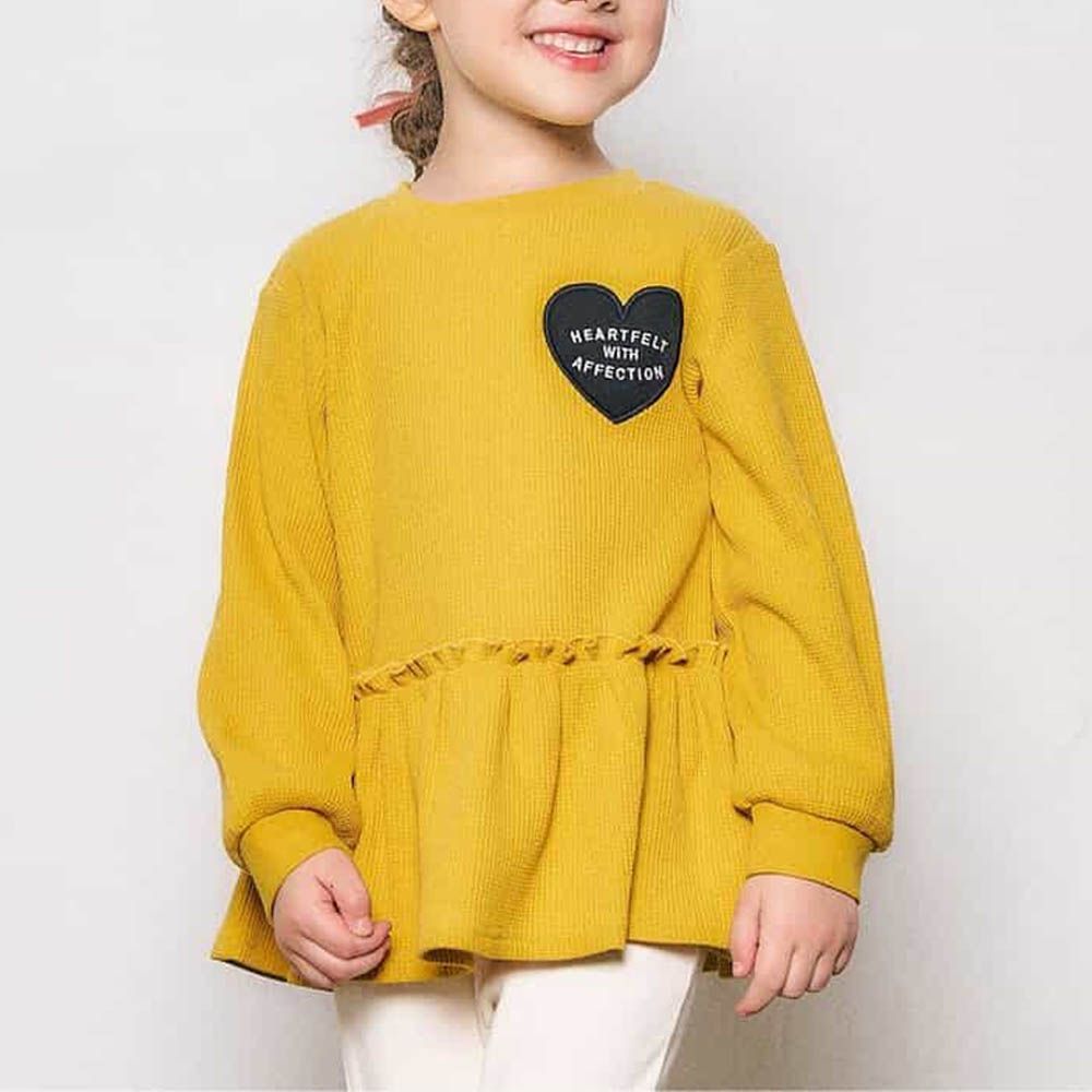 華夫格愛心貼布長袖上衣-芥黃