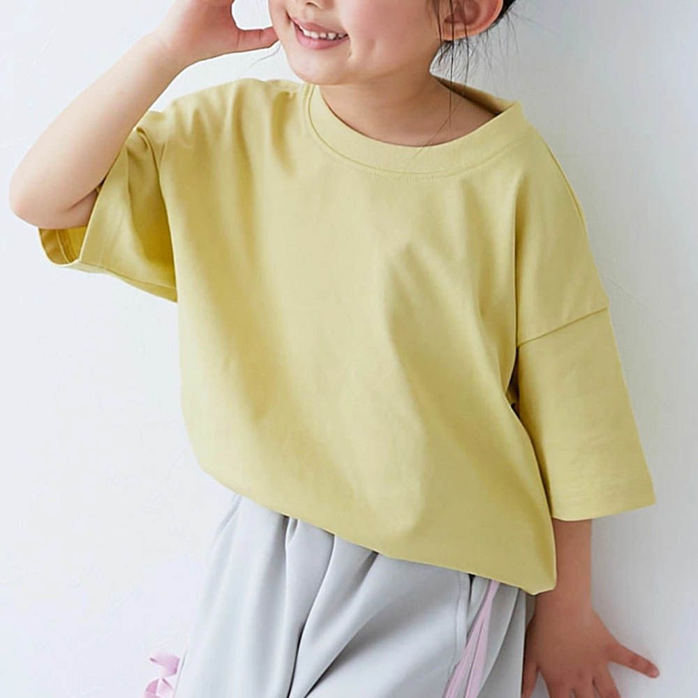 接觸涼感 落肩廓形素色短袖上衣-黃