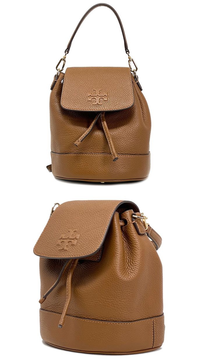 TORY BURCH - 素面皮革翻蓋後背包-焦糖色