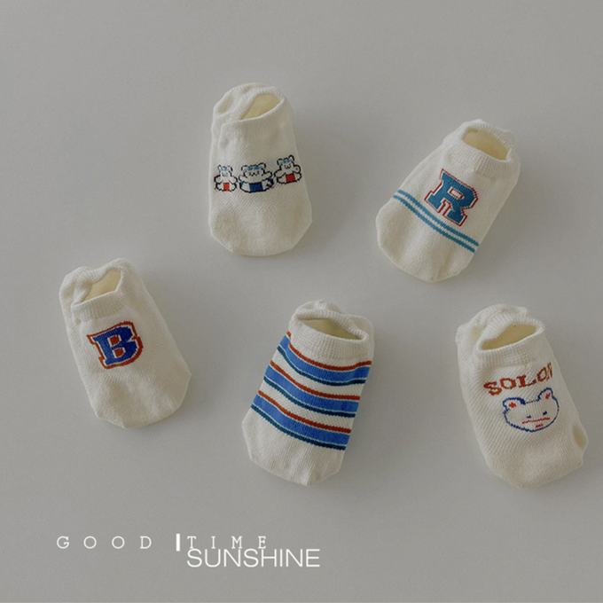 love, charlotte - 卡通小熊條紋字母網眼隱形棉襪-5 雙一組