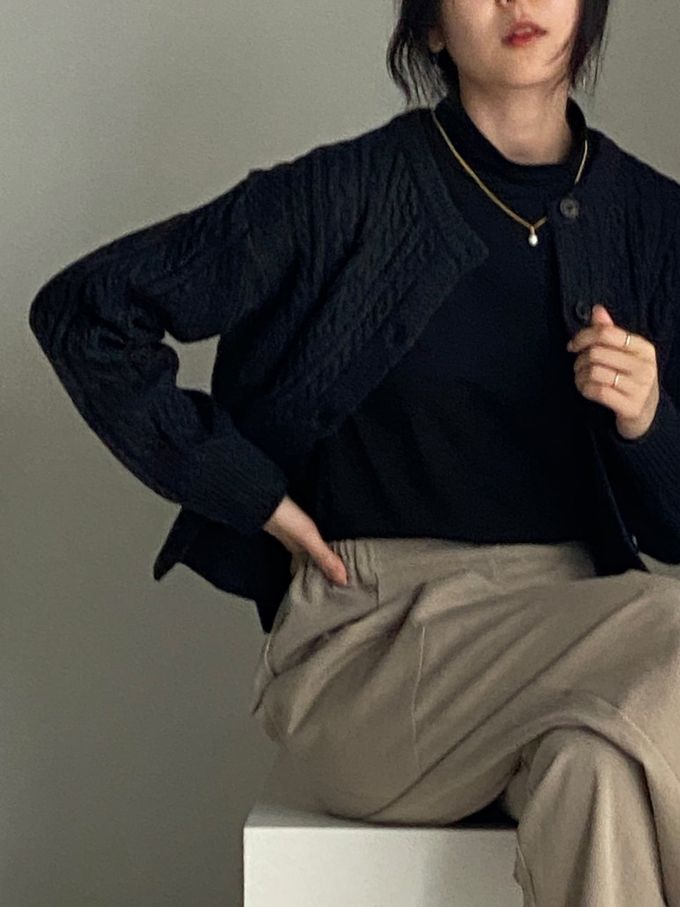 韓國女裝連線 - 麻花捲鈕扣無領針織外套-黑灰 (FREE)