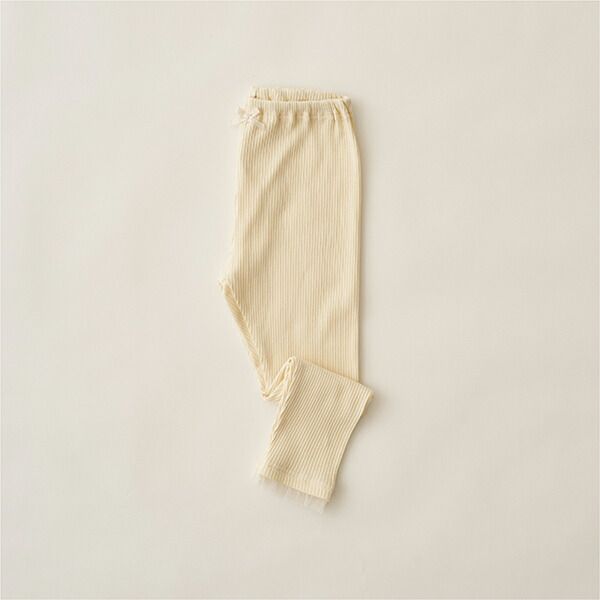 日本 Lycee mine - 下擺薄紗點綴羅紋9分內搭褲-卡其