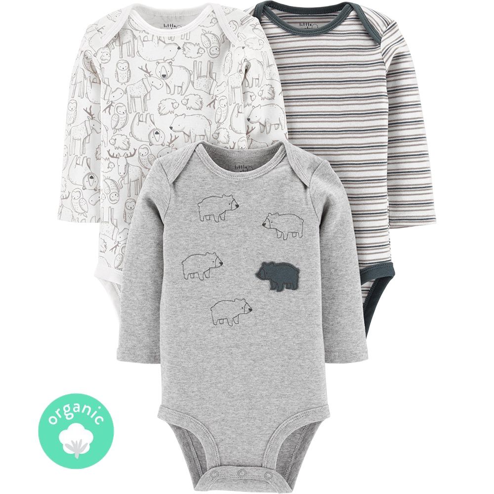 美國 Carter's - 嬰幼兒100%純棉長袖包屁衣三件組-大熊樂園 (有機棉)