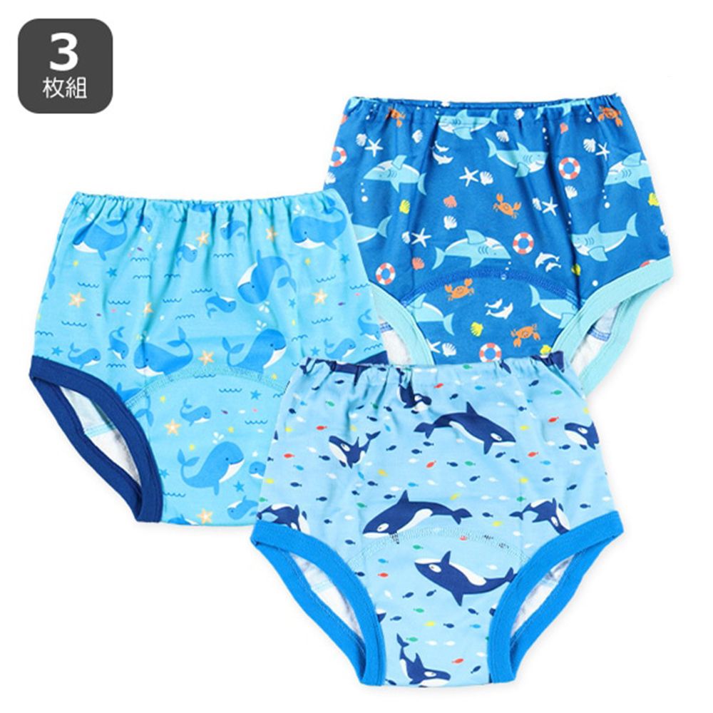 三層密縫式學習褲(3件組)-海洋生物-水藍系